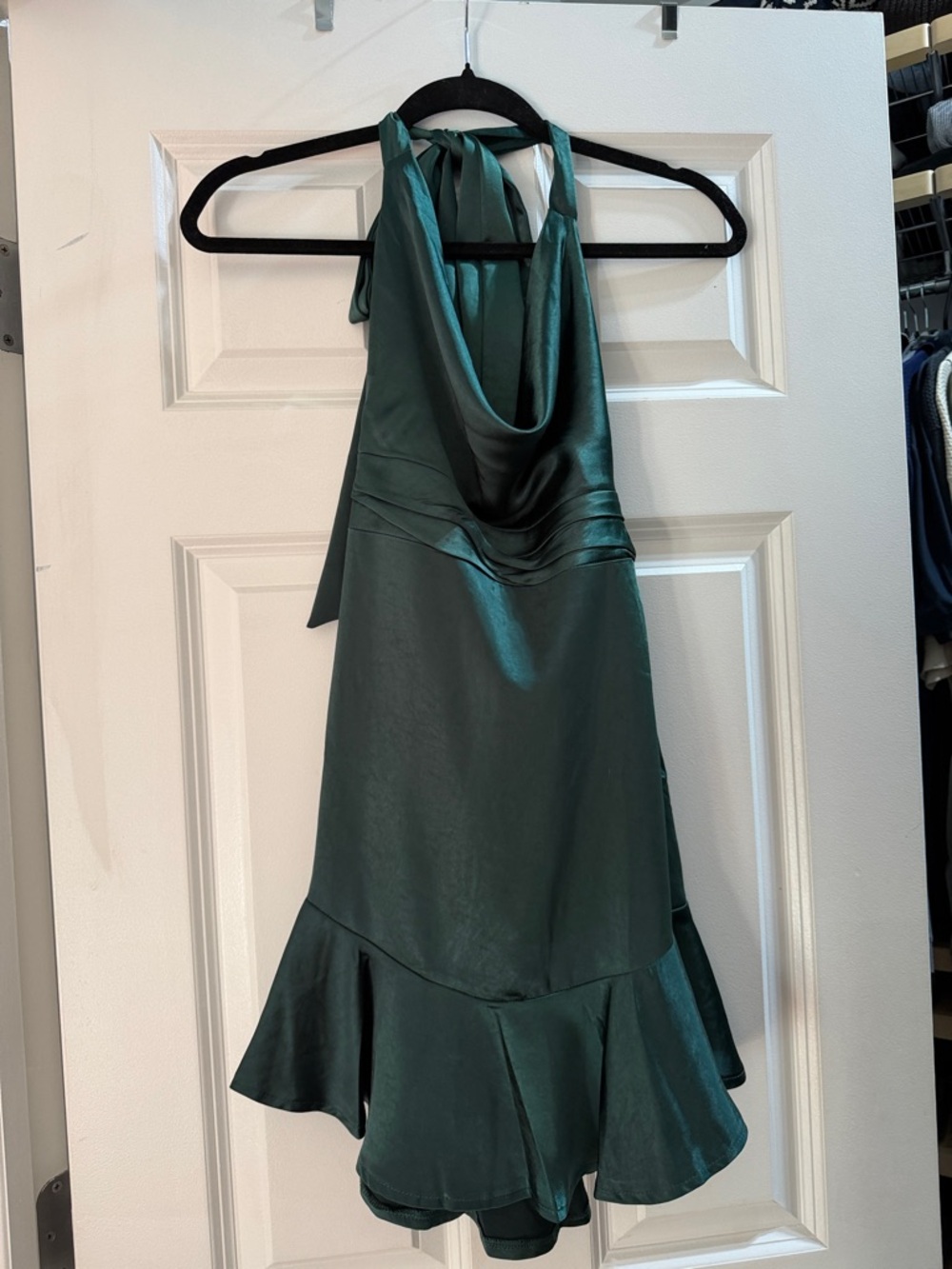 Selfie Leslie Emerald Satin Halter Dress with Ruffled Hem